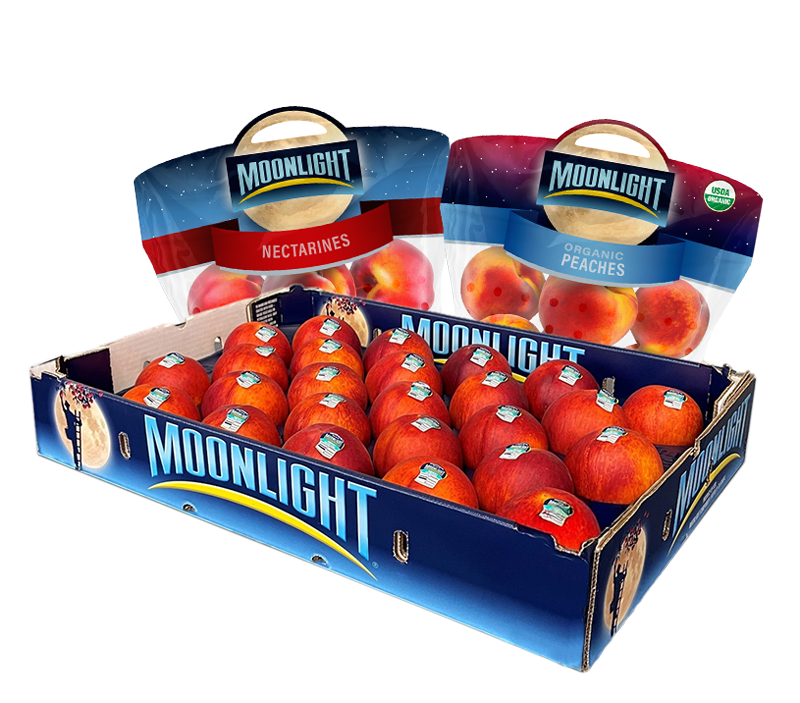 Two Moonlight branded pouches of peaches, one labeled organic and the other regular