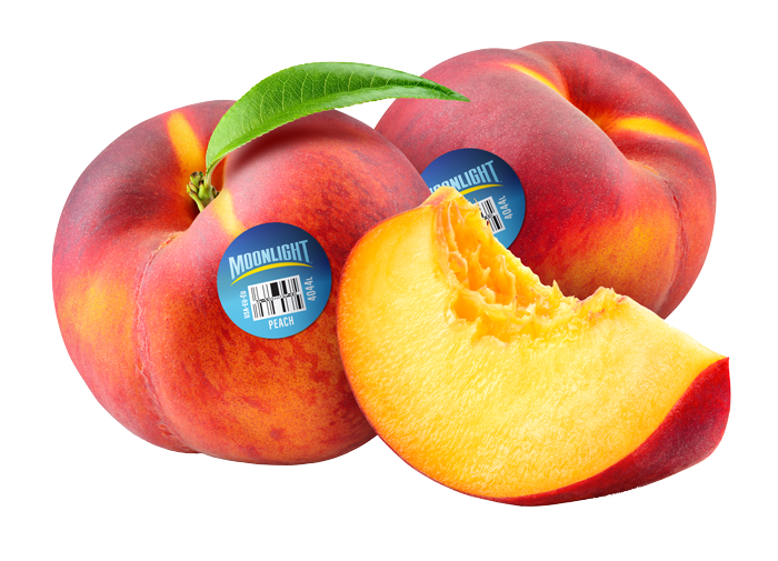 Moonlight Peach with a sticker, another whole peach, and a juicy sliced piece