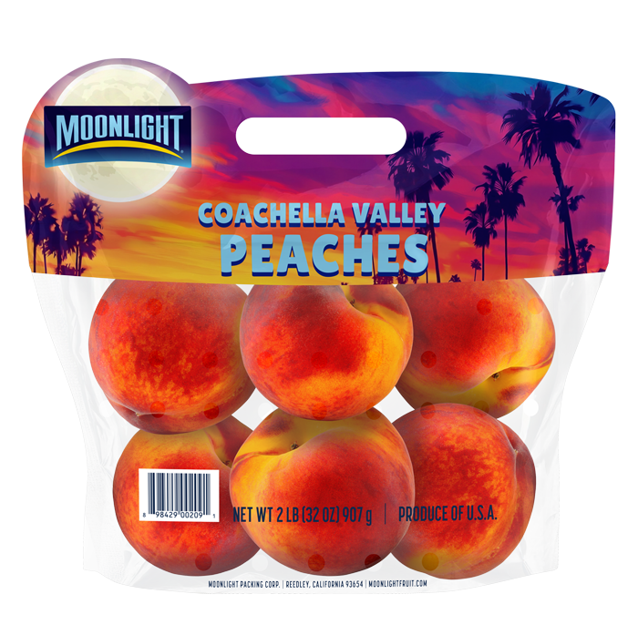 Bag of Moonlight Coachella Valley peaches, packed in a branded bag